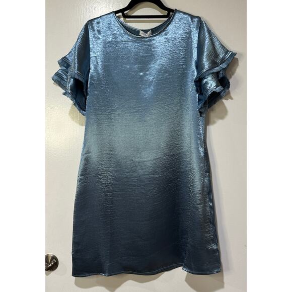 S'EDGE Easton Dress Metallic Blue Sateen Size Small NWT Tiered Short Sleeves - Picture 2 of 15